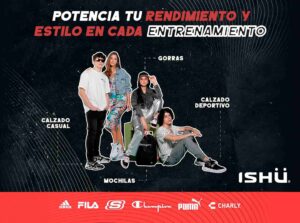 Jóvenes posando con calzado casual, calzado deportivo, gorras y mochilas de marcas Adidas, Fila, Skechers, Champion, Puma y Charly.