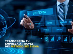 Hombre de traje tocando letrero digital SIX SIGMA